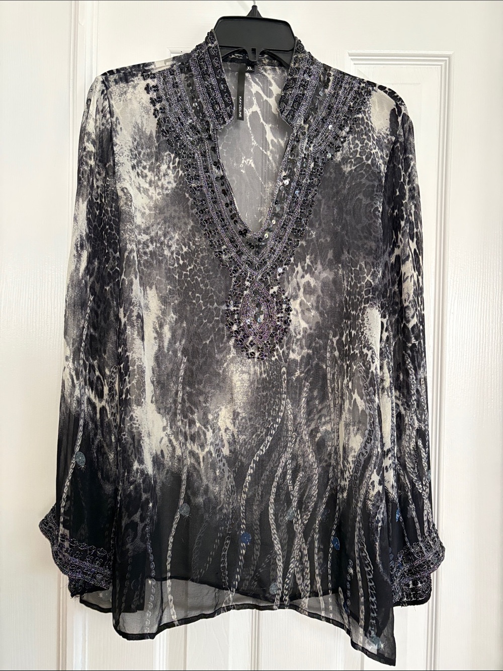 Kay Celine 100% silk sheer Black & Gray Beaded V-Neck Tunic Top women’s XL
